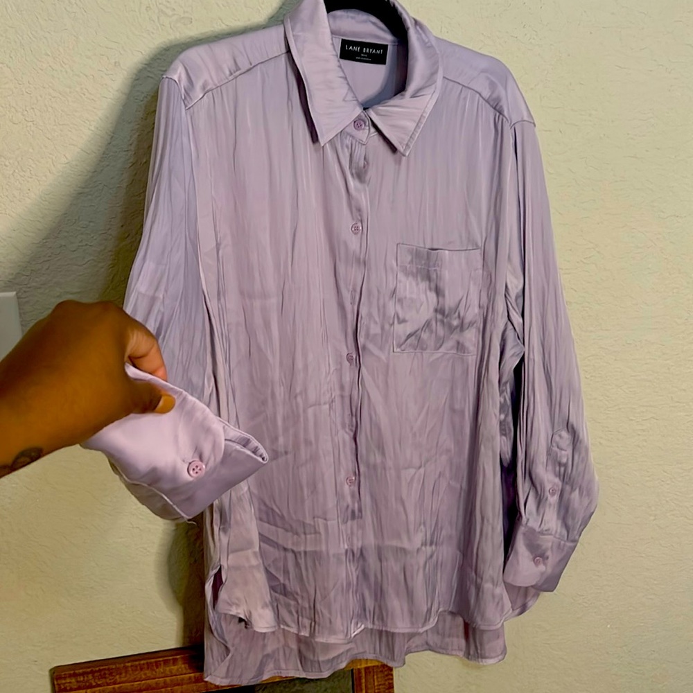 Long sleeve lavender silky button up blouse